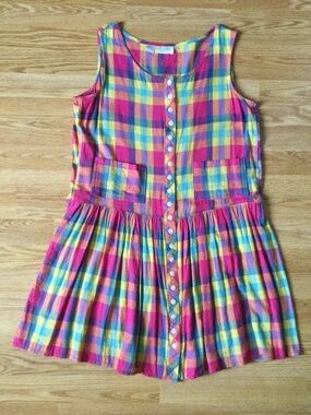 Vntg Victoria Harbor Cotton Sleeveless Madras Dress M Button Front Drop Waist
